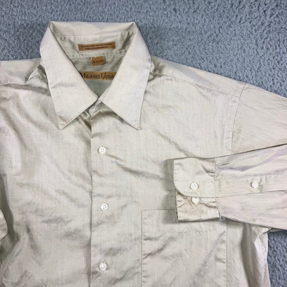 Milano Uomo Button Dress Shirt Men 15 32/33 Tan Minimalist Office Career Casual‎